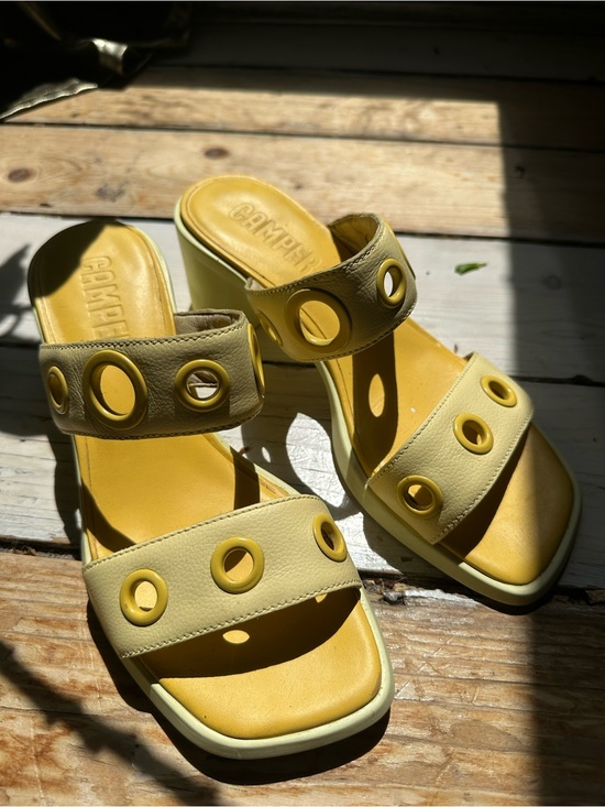 Camper Shoes - SOLD - Camper Yellow Grommet Heeled Slide Sandals - Women